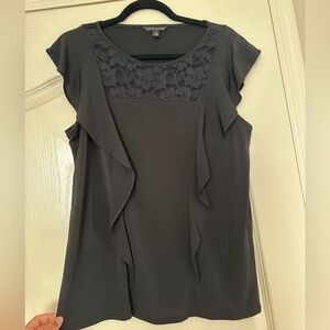 Black flutter sleeve blouse with lace, size Medium
